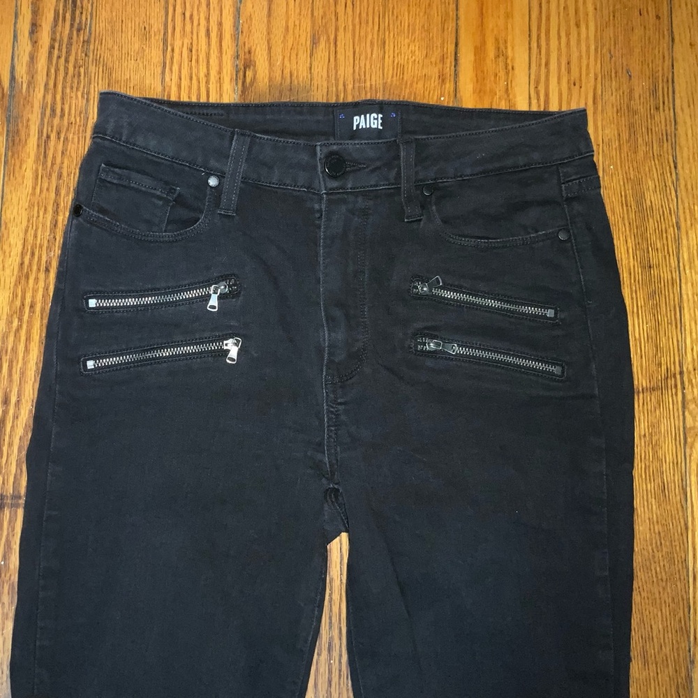 PAIGE High Rise Edgemont Skinny Jeans Zipper Details Black Made in USA Size 30 - Picture 3 of 8